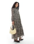 [Wednesday's Girl] Wednesday's Girl smudge leopard tiered midaxi dress in brown XS BROWN