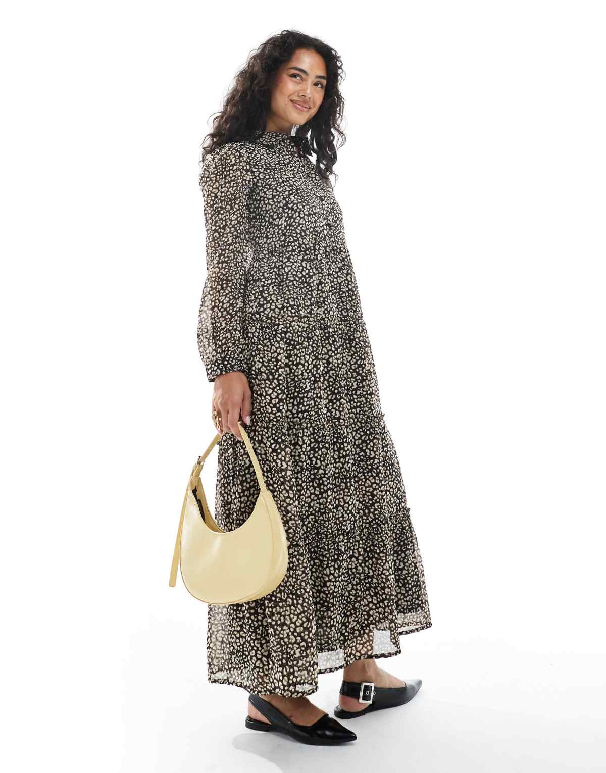 Wednesday's Girl smudge leopard tiered midaxi dress in brown