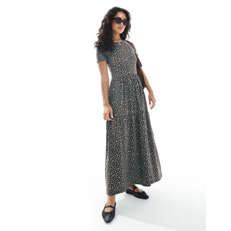 aqua brown polka dot dress Brown Polka Dot Balloon Sleeve Anya Midi Dress main image 0