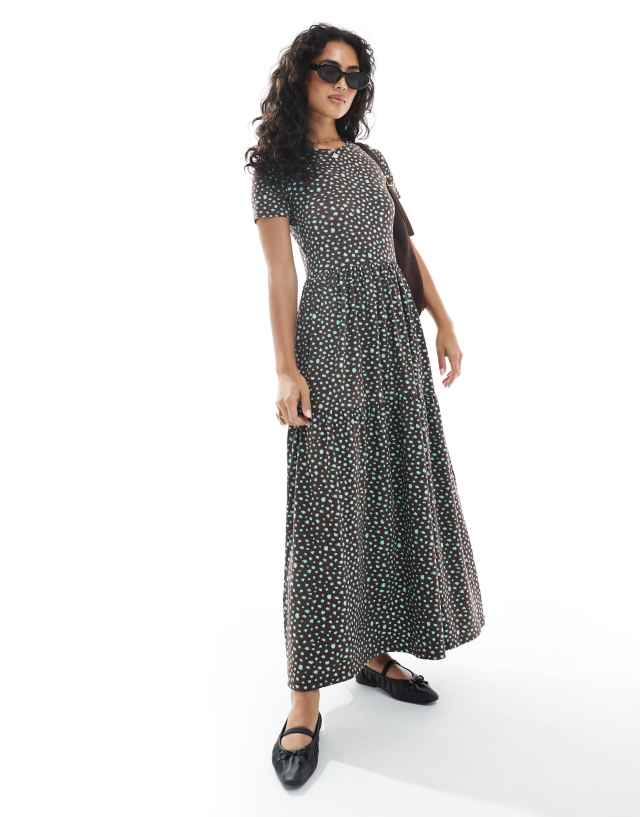 aqua brown polka dot dress Wednesday's Girl smudge dots tiered midaxi in and brown and blue polka dot pattern