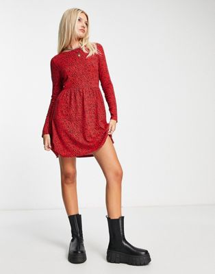 Wednesday's Girl smudge spot long sleeve mini dress in red