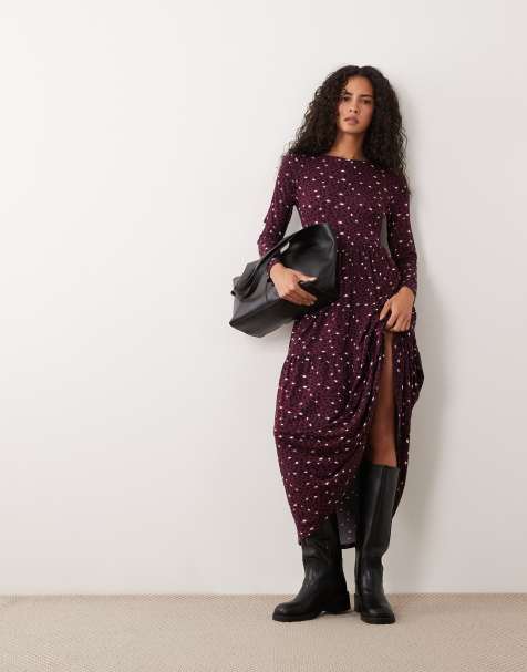 Wednesday's Girl smudge spot midaxi dress in dark purple  - view 1