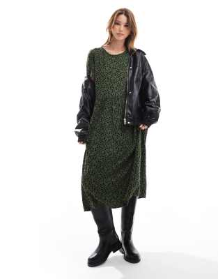 smudge spot midi dress in khaki green-Gold