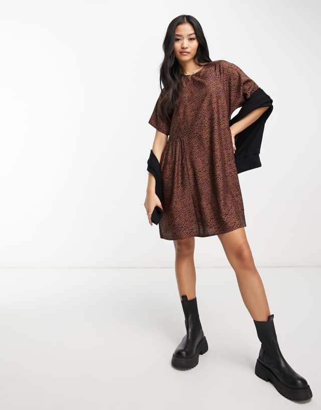 Wednesday's Girl smudge spot mini smock dress in brown