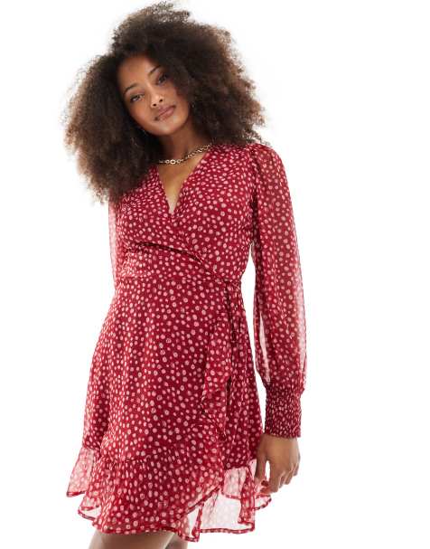 Wednesday's Girl smudge spot ruffle wrap mini dress in cherry red - view 1