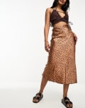 [Wednesday's Girl] Wednesday's Girl smudge spot satin midaxi skirt in tan-Brown L TAN/BLACK SPOT