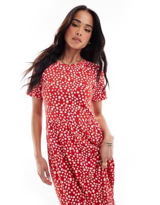 smudge spot short sleeve midi dress in red