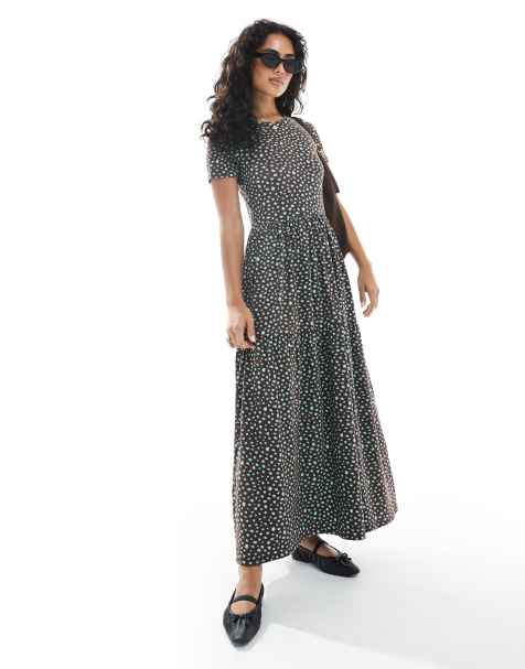 Wednesday's Girl smudge spot tiered midaxi dress in brown and aqua - view 1