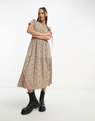 Wednesday's Girl smudge spot tiered midi dress in neutral