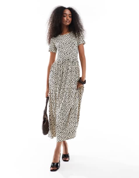 Wednesday's Girl smudged polka dot tiered midaxi dress in light beige - view 1