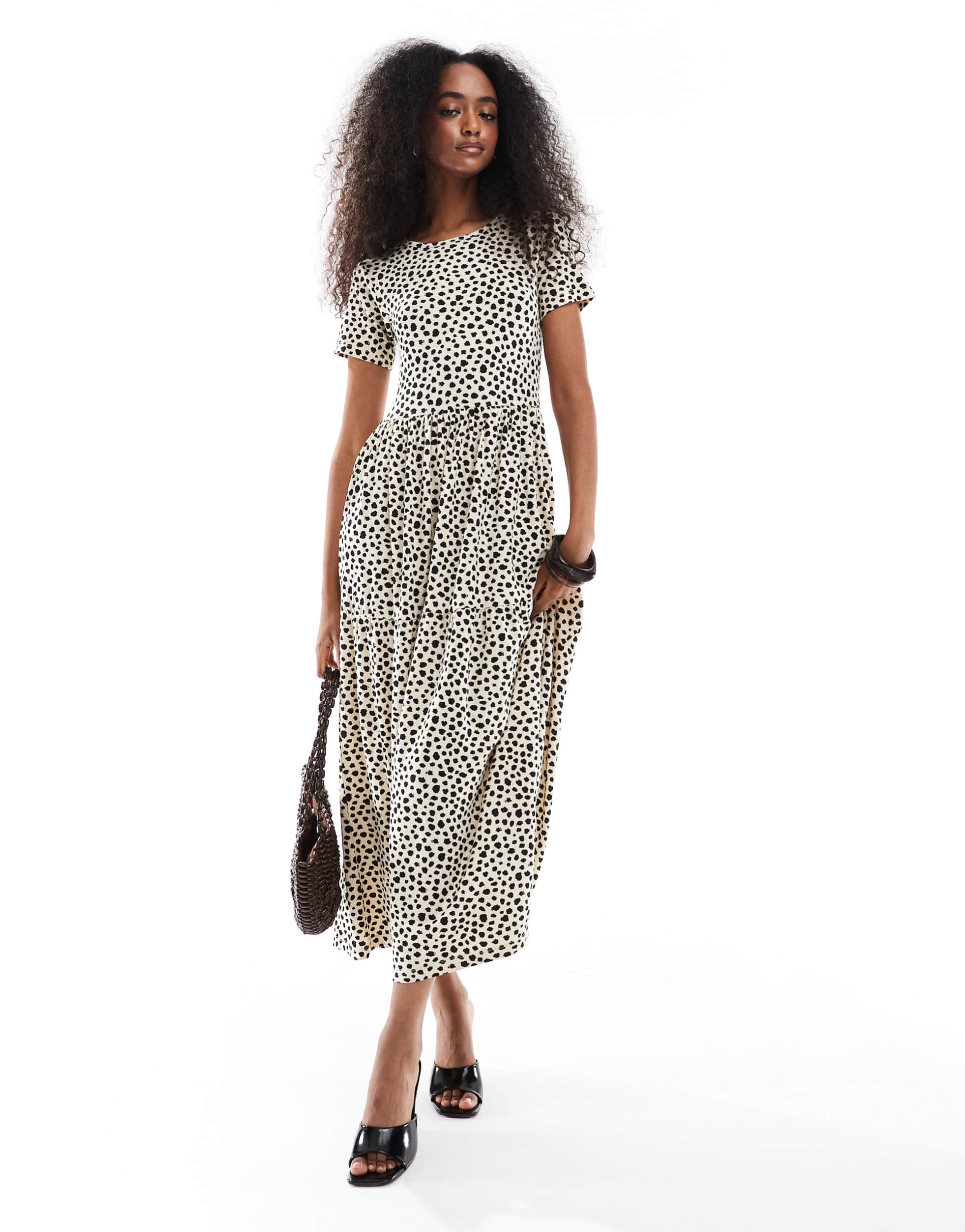 wednesday's girl smudged polka dot tiered midaxi dress in light beige