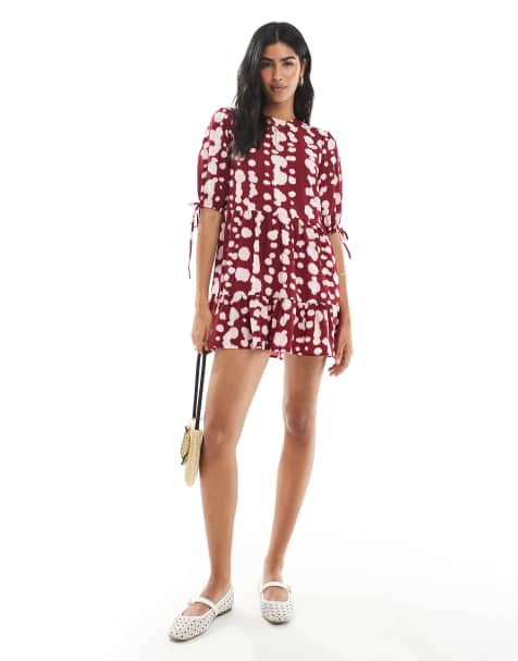 Wednesday's Girl smudgy dot print smock dress in burgundy and pink - view 1