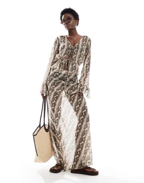 Wednesday's Girl snake print sheer beach blouse co-ord in brown - view 1