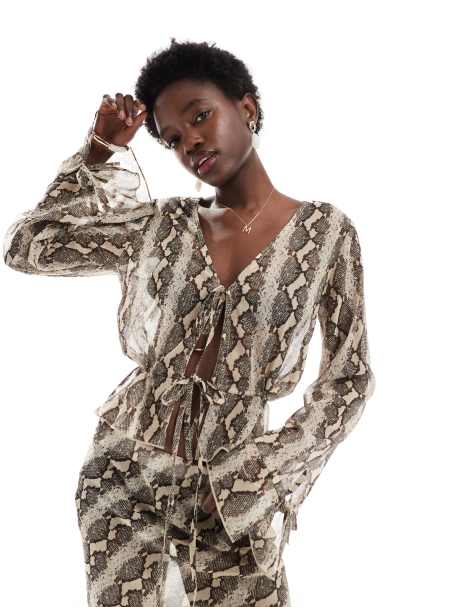 Wednesday's Girl snake print sheer beach blouse co-ord in brown