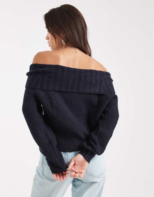 Wednesday's Girl soft oversized off-shoulder sweater in navy, 4 of 4