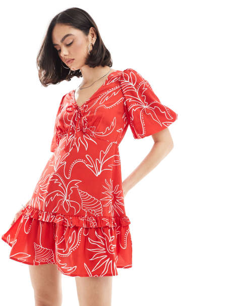 Wednesday's Girl – Soleil – Czerwona luźna sukienka z bufkami i wzorem - view 1