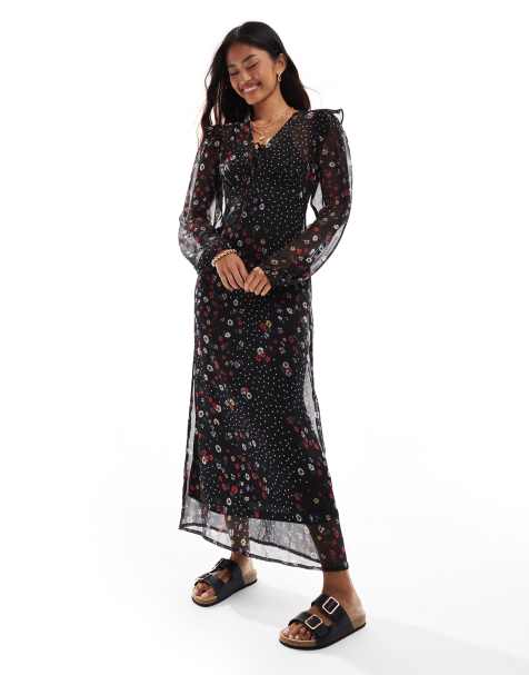 Wednesday's Girl - Sort midaxi-kjole med flæser, blomstermønster og polkaprikker - view 1
