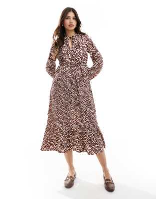 spot print smock midaxi dress in burgundy-Multi