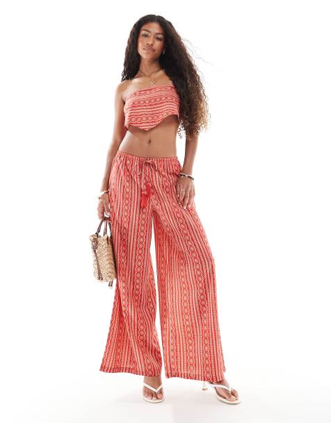 Wednesday's Girl - Strandbroek met wijde pijpen en tegelprint in rood - view 1