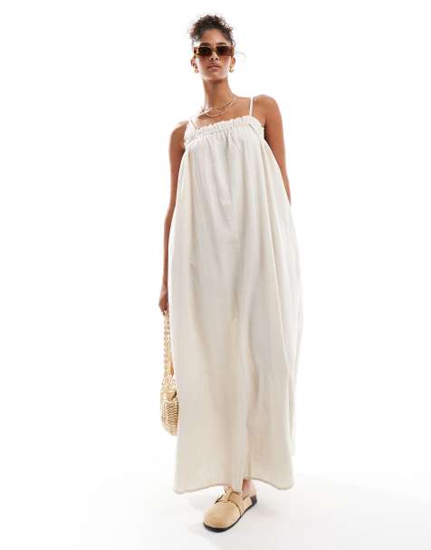 Wednesday's Girl strappy maxi smock dress in beige cotton - view 1