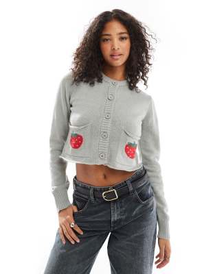 Wednesday's Girl Wednesday's Girl strawberry knit cardigan in light grey