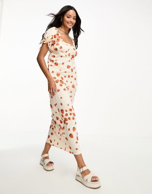 Wednesday's Girl strawberry print milkmaid midaxi dress in cream-White