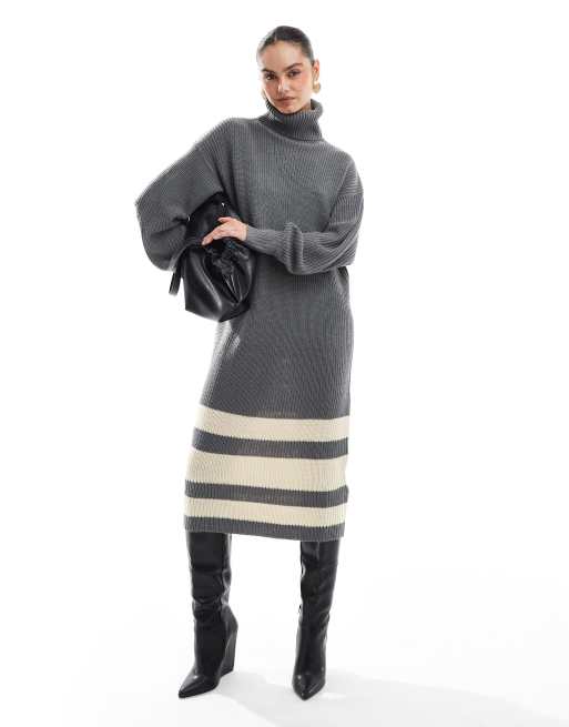 Wednesday's Girl stripe hem soft oversized midaxi dress in charcoal gray