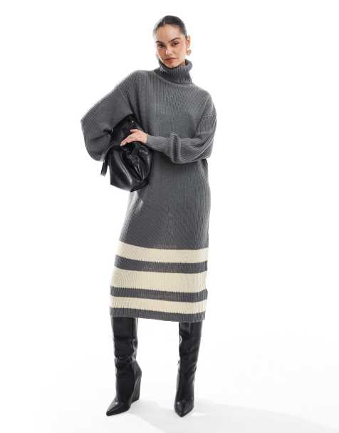 Wednesday's Girl stripe hem soft oversized midaxi dress in charcoal grey - view 1