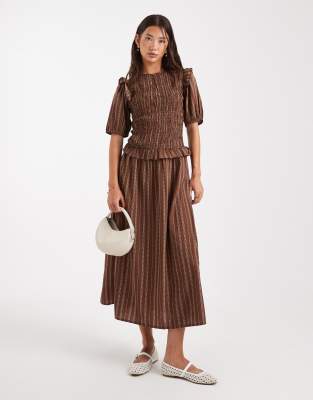 Wednesday's Girl Stripe Puff Sleeve Shirred Midaxi Dress In Brown