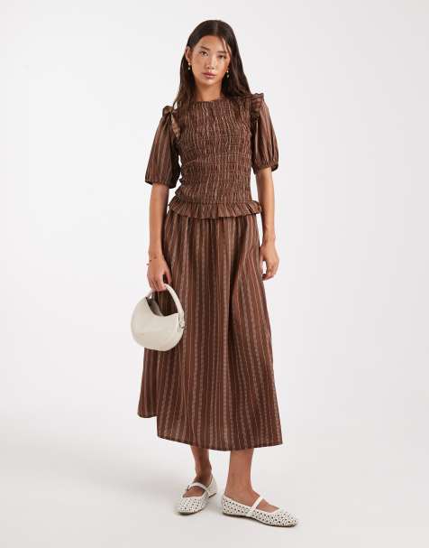 Wednesday's Girl stripe puff sleeve shirred midaxi dress in brown - view 1