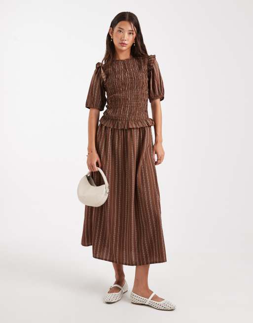 Wednesday's Girl stripe puff sleeve shirred midaxi dress in brown