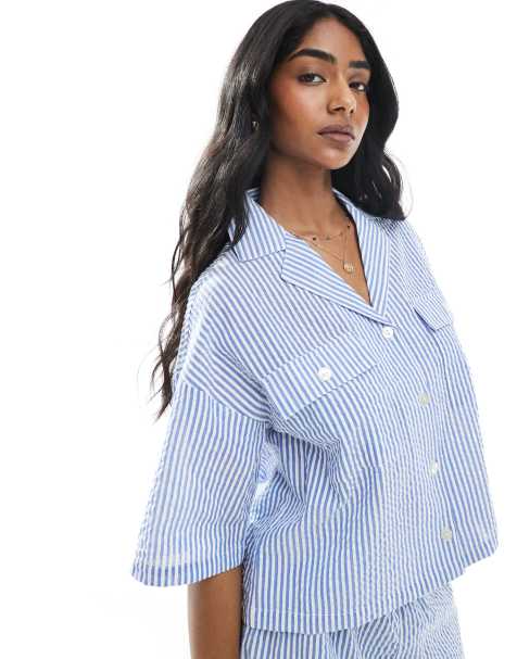 Wednesday's Girl striped boxy shirt co-ord in blue - view 1