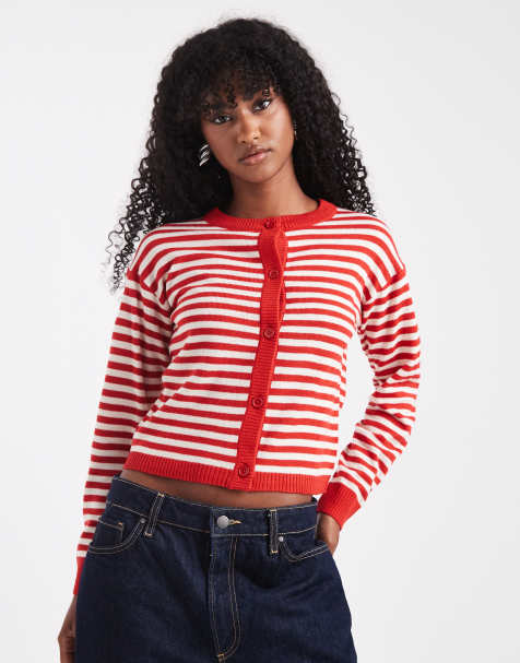 Wednesday's Girl striped cardigan in red and cream - view 1