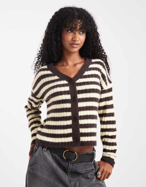 Wednesday's Girl striped micro cardigan in brown and yellow - view 1