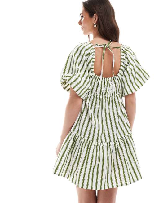 Wednesday's Girl striped mini smock dress in green and white