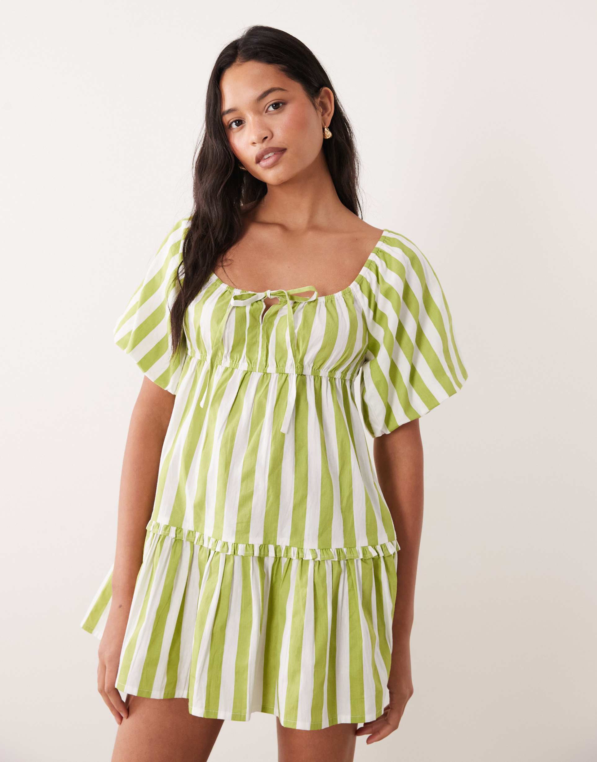 wednesday's girl striped mini smock dress in green stripe