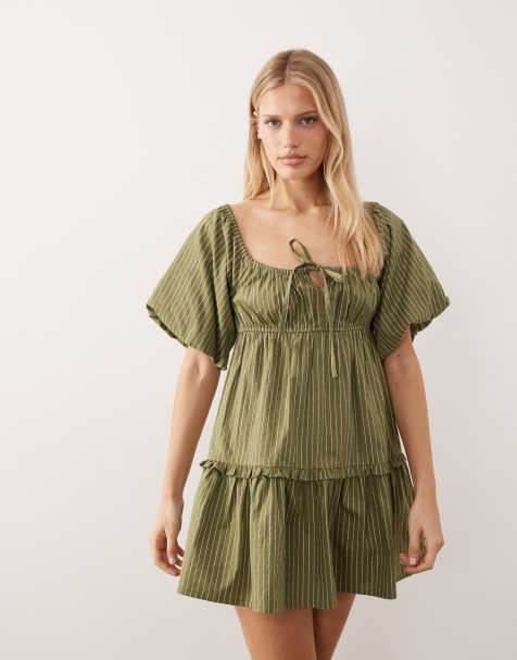 Wednesday's Girl striped mini smock dress in khaki and white