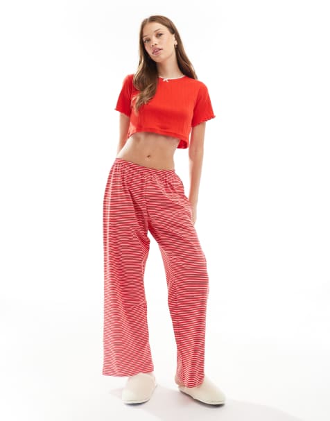 Wednesday's Girl striped pants and pointelle t-shirt pyjama set in red - view 1