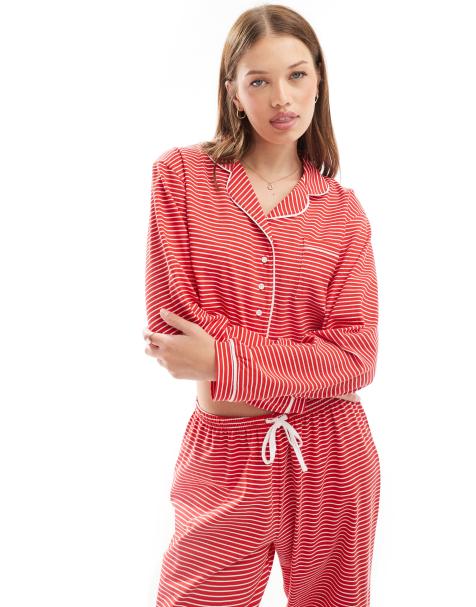 Wednesday's Girl striped print long sleeve pyjama set in red - view 1