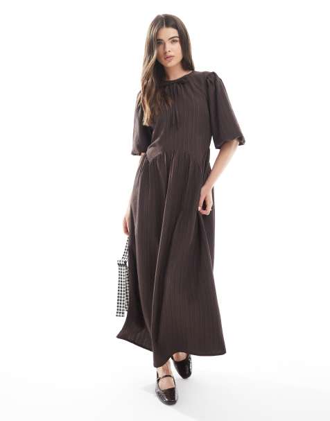 Wednesday's Girl striped puff sleeve tie-detail midaxi dress in brown - view 1