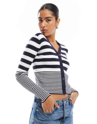 striped ribbed knit cardigan in navy and cream