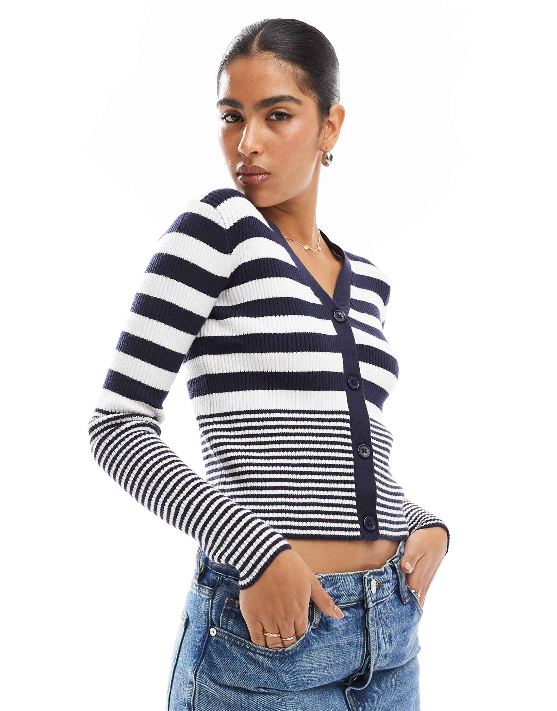 wednesday's girl striped ribbed knit cardigan in navy and cream