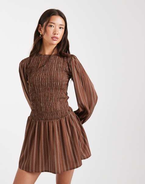 Wednesday's Girl striped shirred detail mini dress in brown - view 1