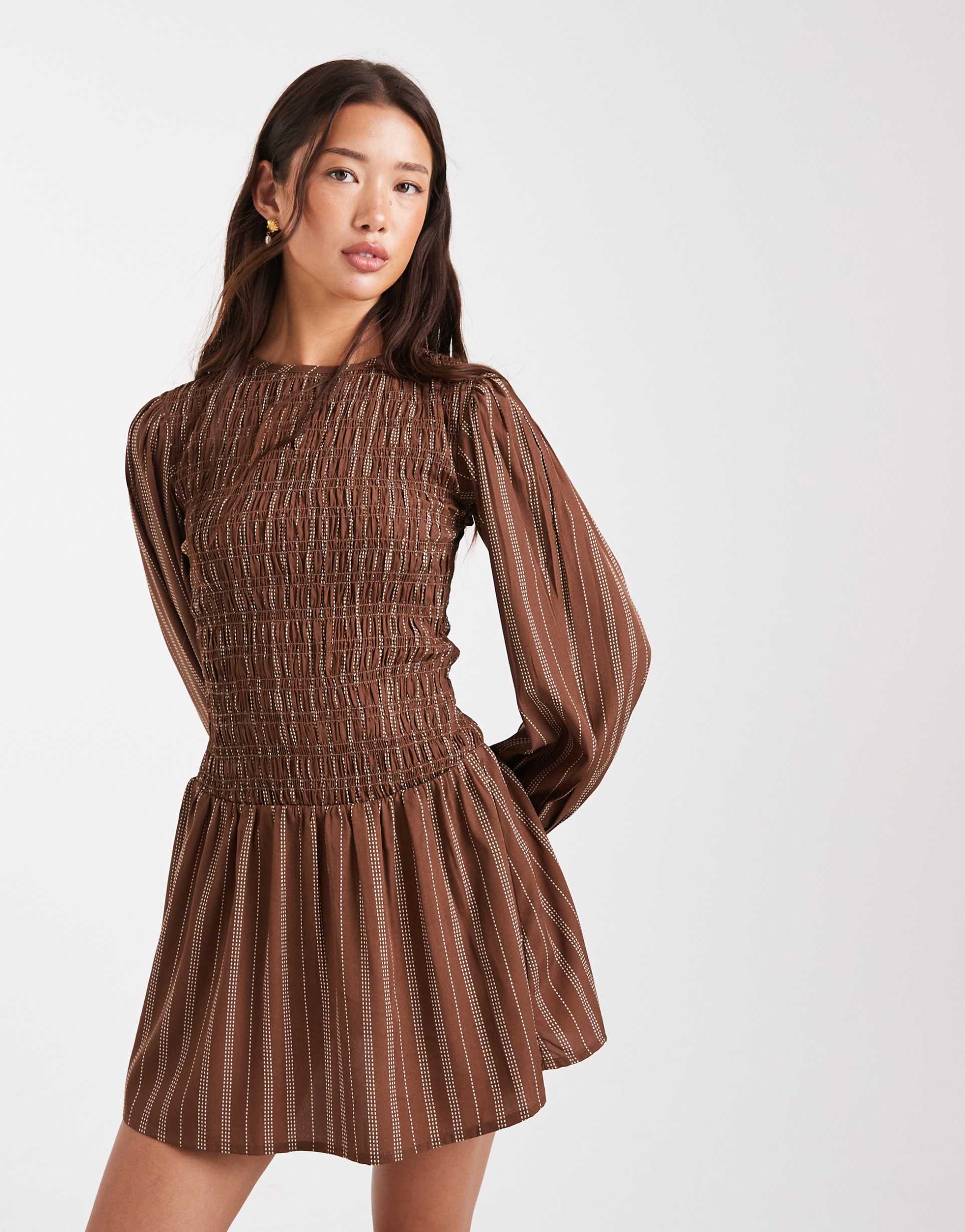 wednesday's girl striped shirred detail mini dress in brown
