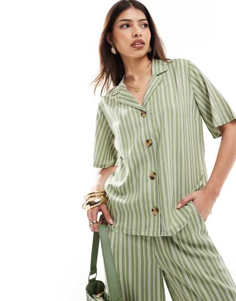 Wednesday's Girl striped shirt co-ord in sage green - view 1