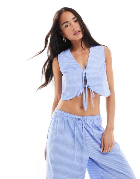 Wednesday's Girl striped tie detail waistcoat top co-ord in blue - view 1