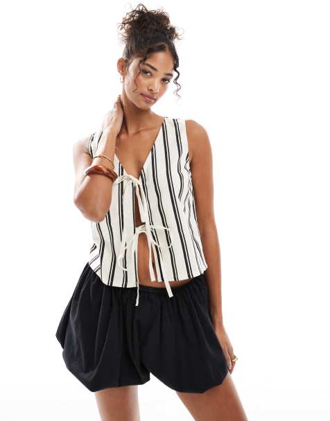Wednesday's Girl striped tie front top in white - view 1