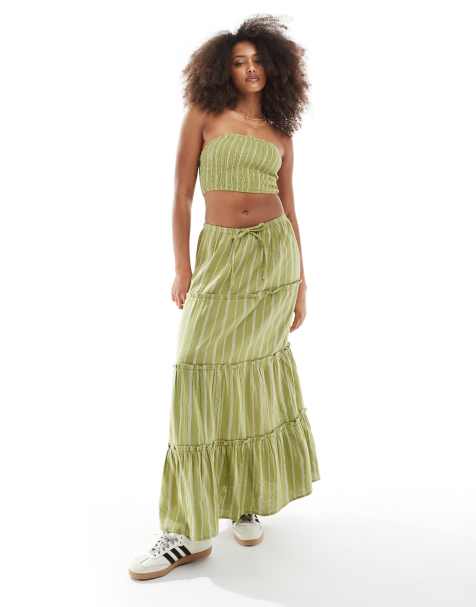 Wednesday's Girl striped tiered maxi skirt co-ord in green