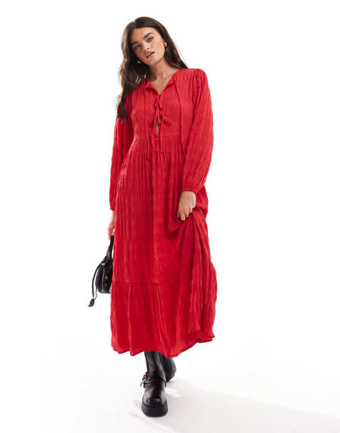 Wednesday's Girl – Strukturiertes Midaxi-Hängerkleid in Rot mit Bindedetail - view 1