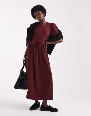 Wednesday's Girl - Strukturiertes Midaxi-Kleid in Rot mit Karomuster und Puffärmeln